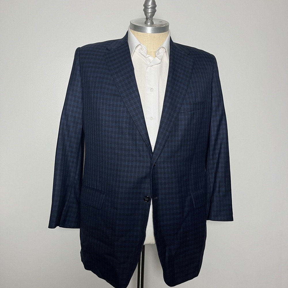 Royal Classic Blazer Mens 44L Navy Blue Plaid Two Button Notch Lapel Vintage